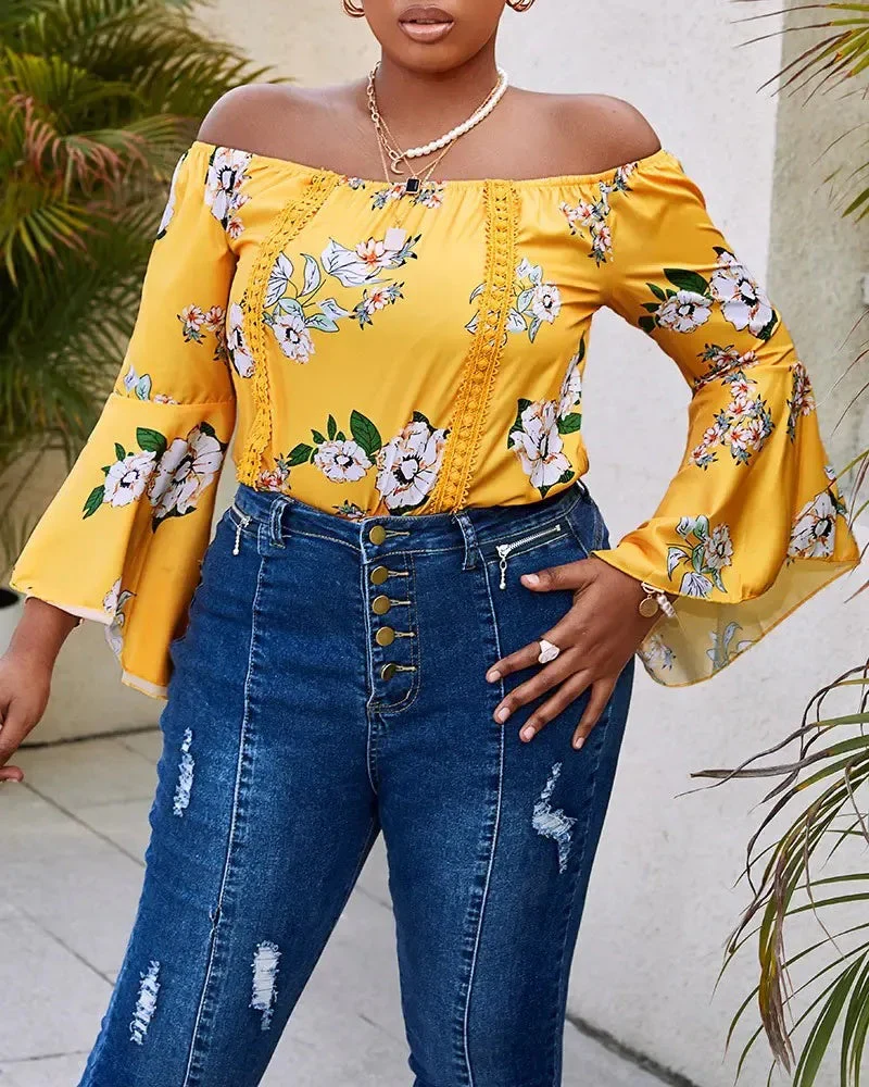Deanwangkt - Off-the-Shoulder Floral Print Bell-Sleeve Top - Deanwangkt