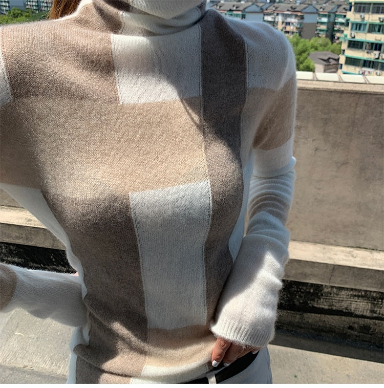 Back to college outfits Christmas Gift New Cashmere Sweater Women's High-Neck Color Matching 100% Pure Wool Pullover Fashion Plus Size Warm Knitted Bottoming Shir-A fx0615 - Deanwangkt