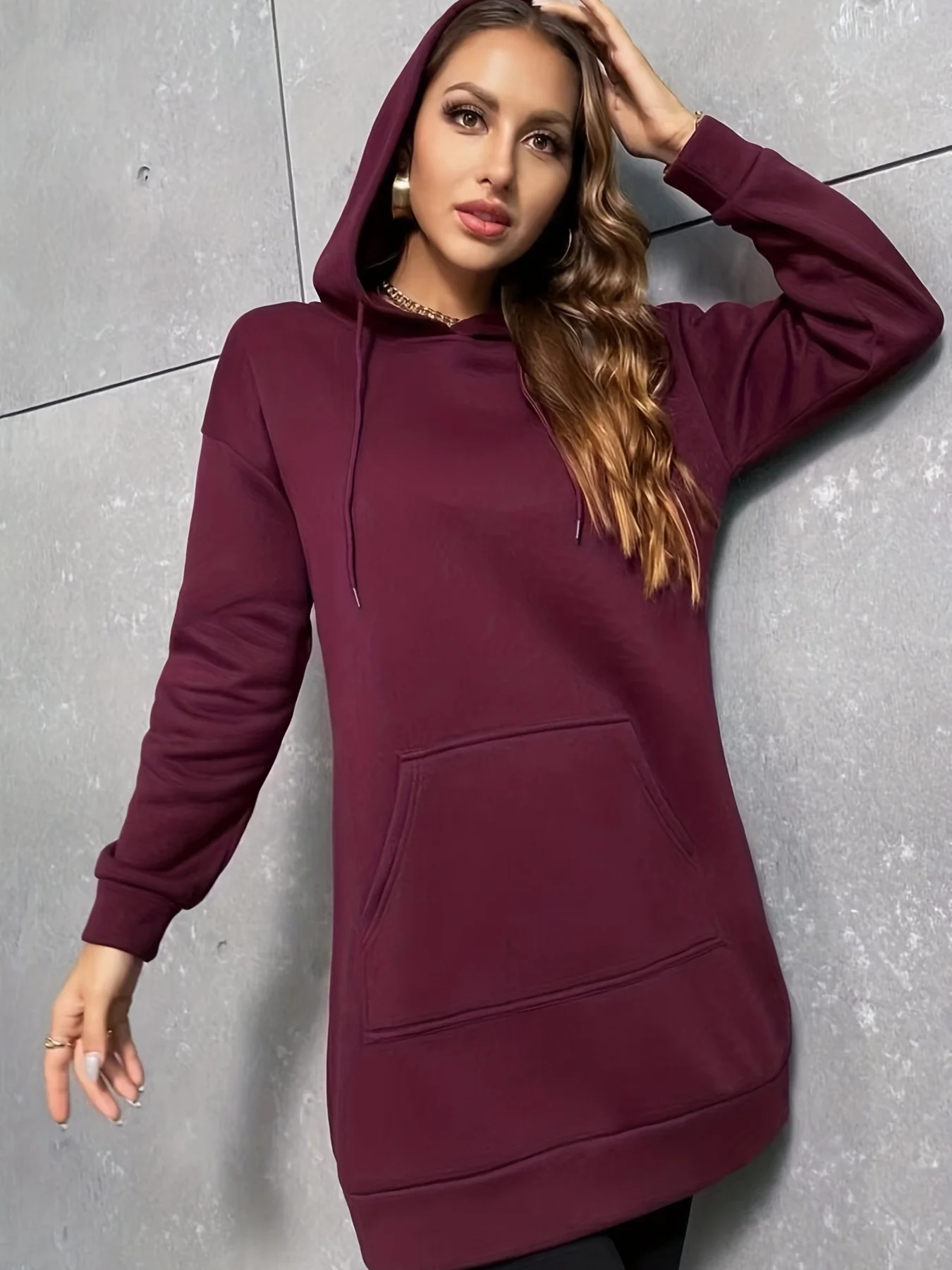 deanwangkt-1  Solid Drawstring Hoodie, Casual Long Sleeve Kangaroo Pockets Hoodie, Women's Clothing - Deanwangkt