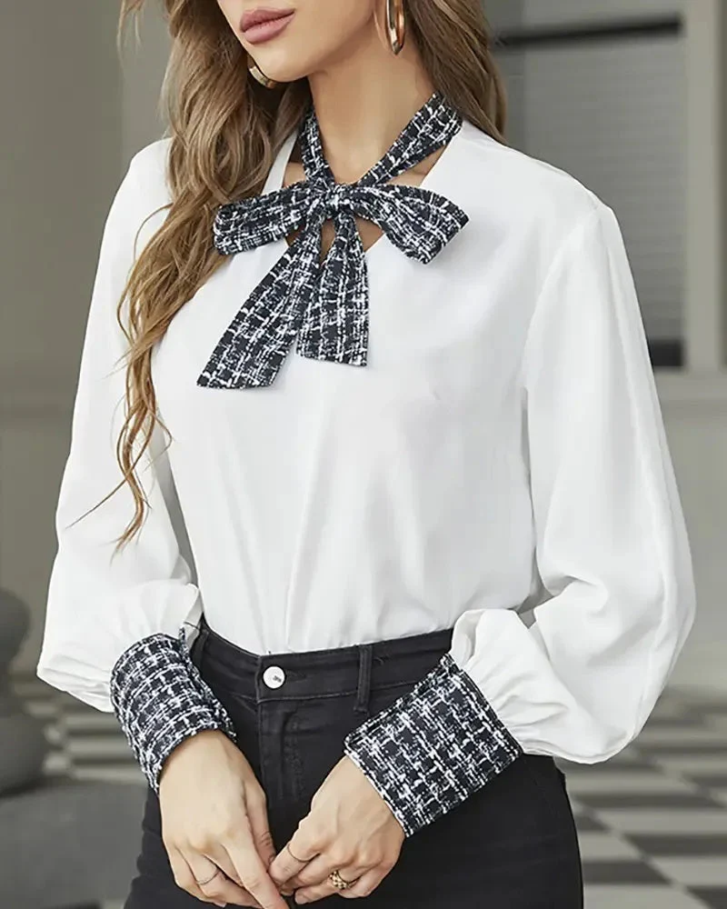 Deanwangkt - Plaid Tie-Neck Lantern Sleeve Top - Deanwangkt