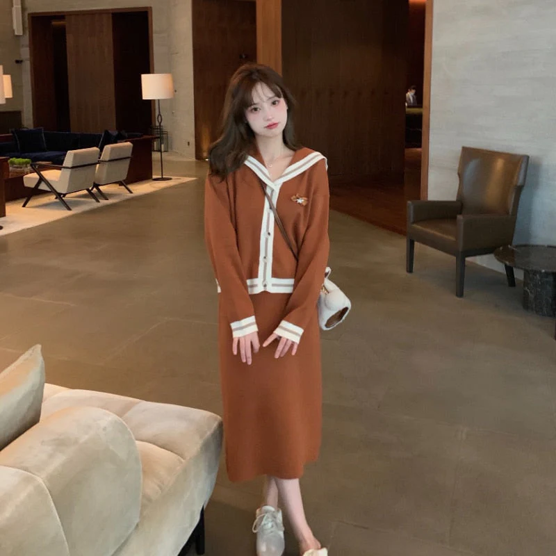 Christmas Gift 2 Piece Dress Set Women Elegant Knitted Suits Korean Fashion Cardigan Sweater + Casual Midi Skirts Deanwangkt Winter Tracksuits - Deanwangkt
