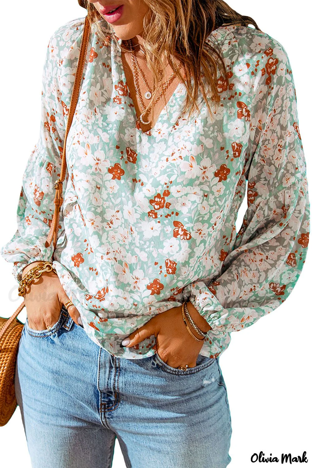 Deanwangkt - Blue Floral Split V-Neck Blouse - Deanwangkt