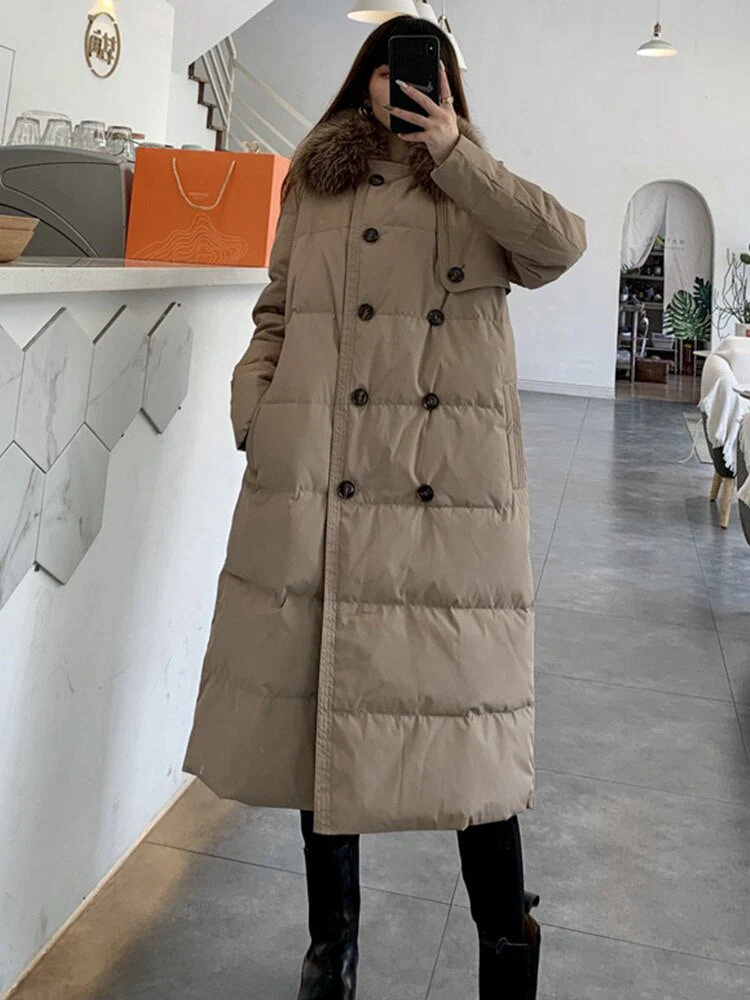 Black Friday Sales New Winter Women Natural Fox Fur Collar 90% White Duck Down Parka Casual Female Double Breasted Long Down Coat Outwear - Deanwangkt