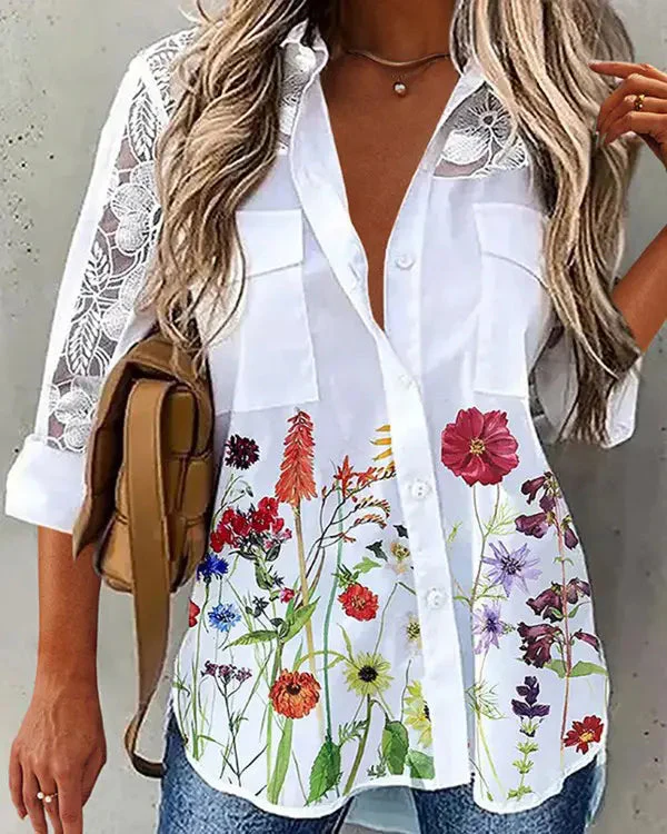 Deanwangkt - Button-front top with floral-print lace insert - Deanwangkt