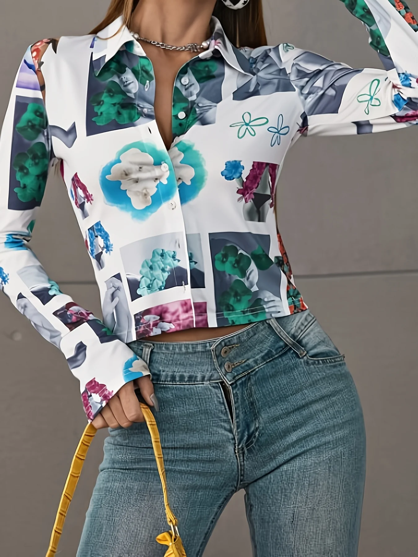Flower Graphic Print Elegant Polo Blouse, Casual Every Day Top For Fall & Spring, Women's Clothing - Deanwangkt