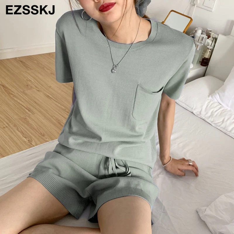 Christmas Gift Deanwangkt casual oversize Knitted Tracksuit  women knit camisole +shorts 2 Pieces knit Set female chic loose t-shirt + shorts suits - Deanwangkt