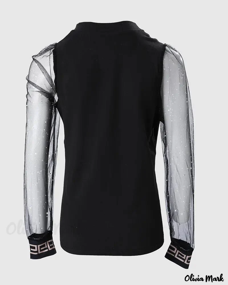 Deanwangkt - Geometric Trim Glitter Sheer Mesh Long Sleeve Top - Deanwangkt