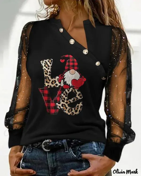 Deanwangkt - Christmas Gnome Print Glitter Sheer Mesh Long Sleeve Top - Deanwangkt