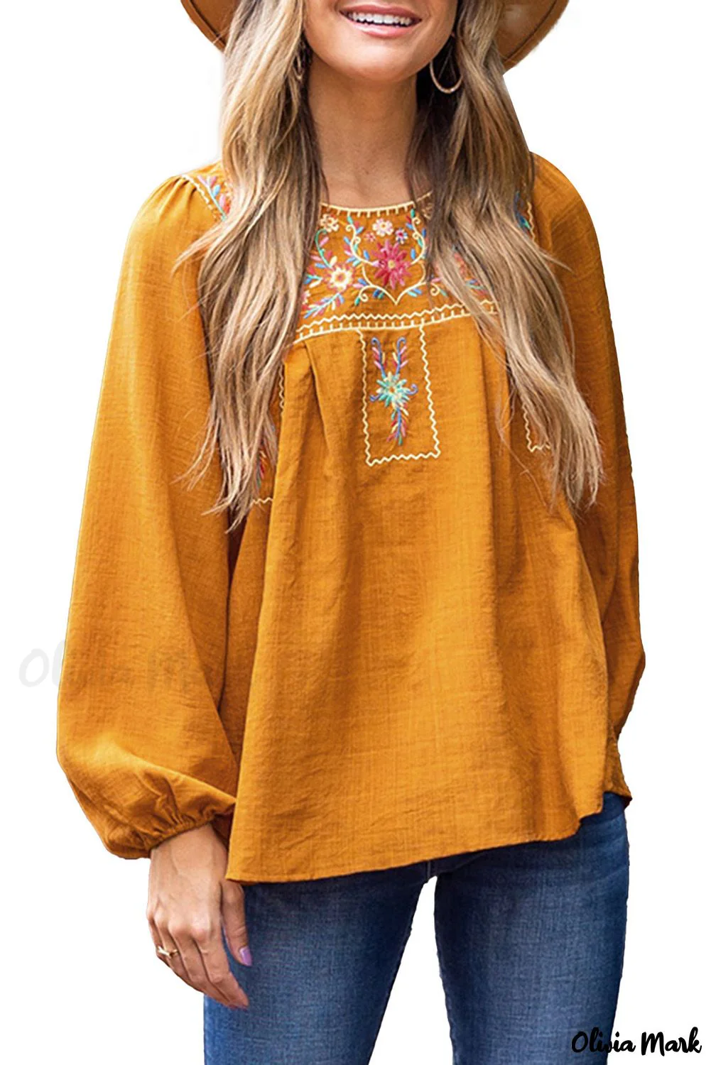 Deanwangkt - Orange blouse with embroidered flowers and puff sleeves - Deanwangkt