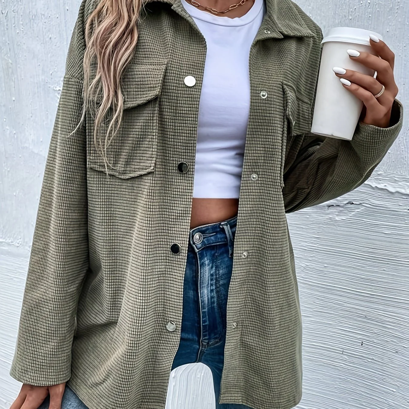 Waffle Solid Shirt, Casual Button Front Long Sleeve Shirt, Women's Clothing - Deanwangkt