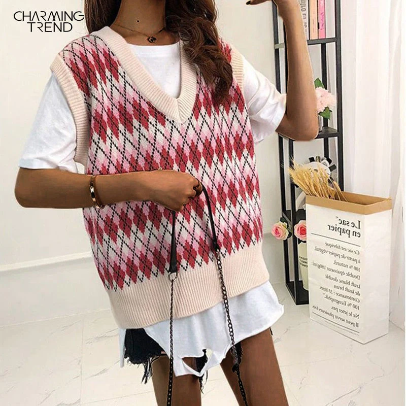 Christmas Gift Argyle Sweater Vest Women Sweater Vest Loose Deanwangkt Fall Winter New Preppy Young Girls Pullover Sweater Top Waistcoats Fit Female - Deanwangkt