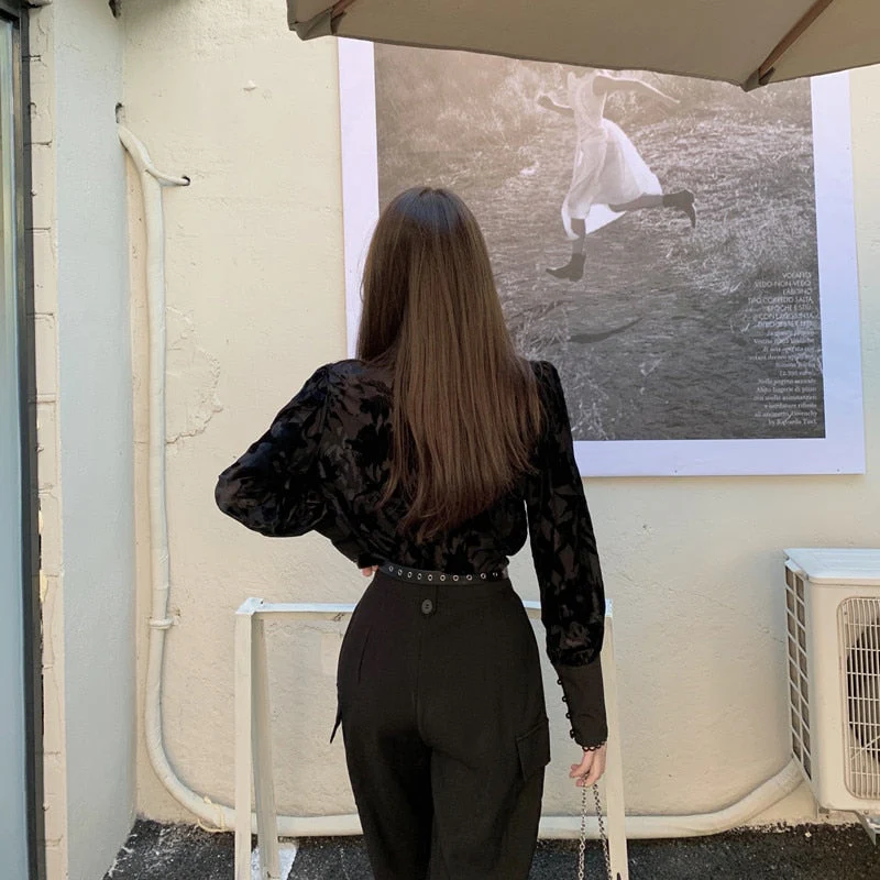 Back to college outfits Deanwangkt Korean Two-Piece Set Women Deanwangkt Winter New Temperament Stand-Up Collar Puff Sleeve Shirt Tops Female + Harem Pants Suit Female fx0615 - Deanwangkt