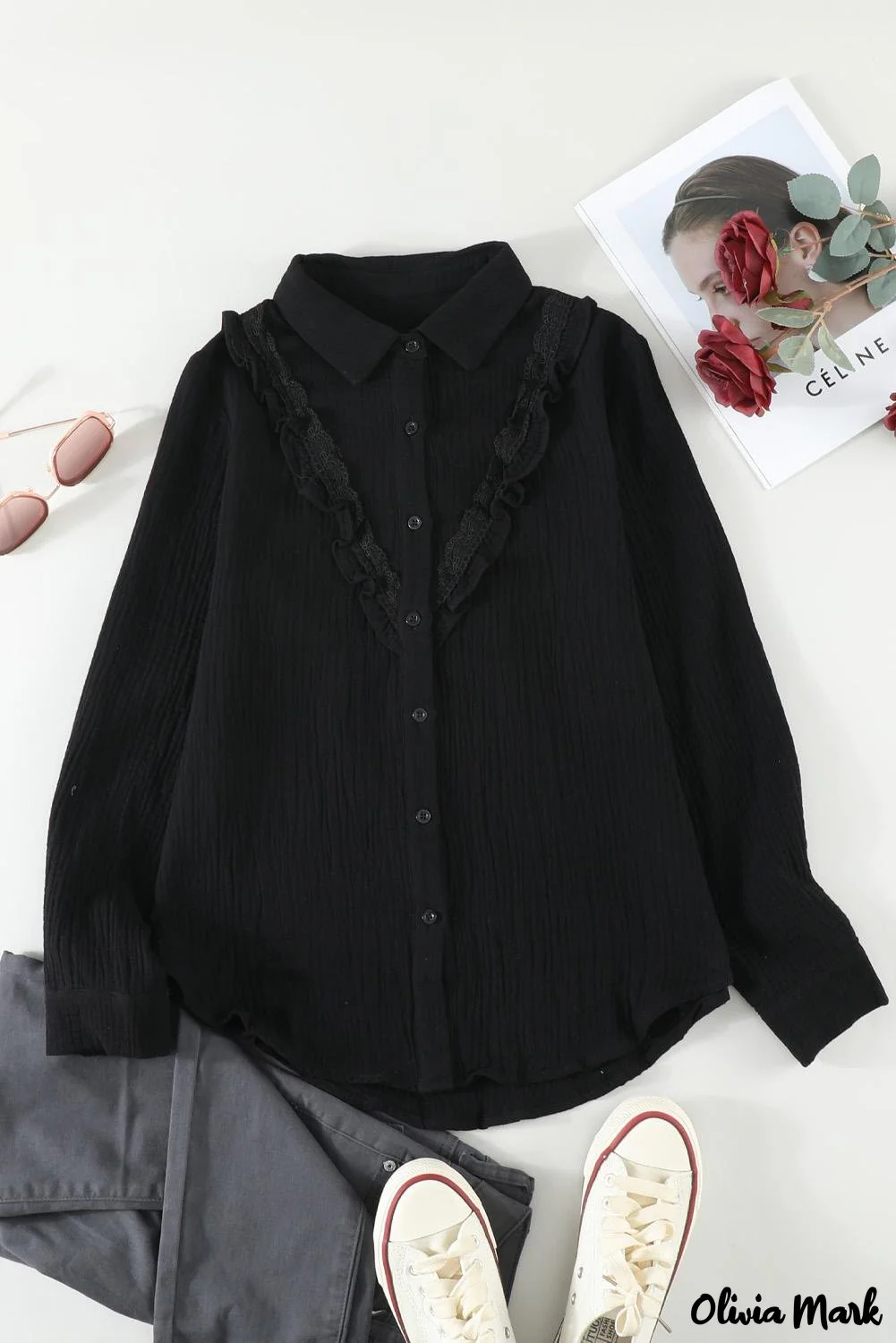 Deanwangkt - White Ruffle Crinkle Long Sleeve Shirt - Deanwangkt