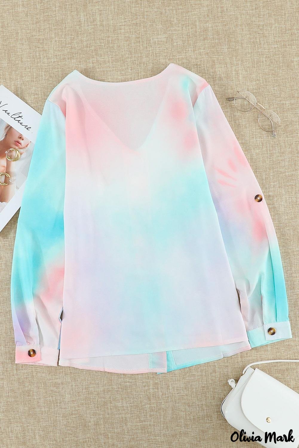 Deanwangkt - Blue Tie-Dye Long Sleeve V-Neck Blouse With Button Closure - Deanwangkt