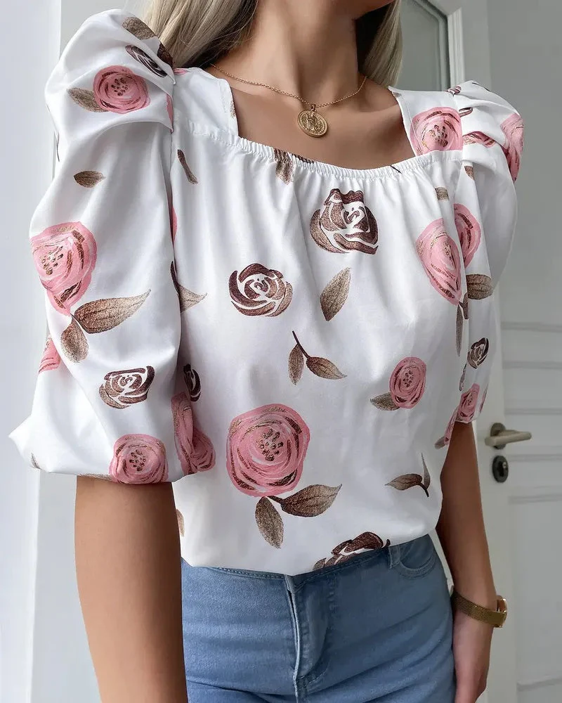 Deanwangkt - Floral Print Puff Sleeve Tie Back Blouse - Deanwangkt