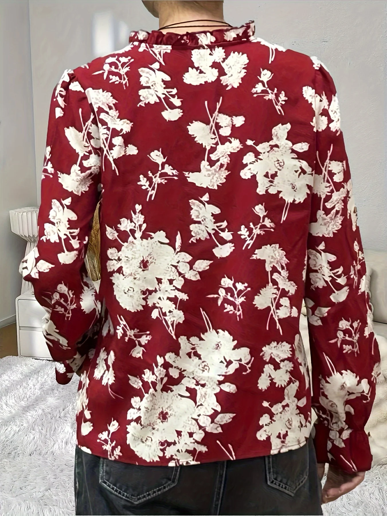 Floral Print Tie Front Blouse, Elegant V Neck Long Sleeve Blouse, Women's Clothing - Deanwangkt