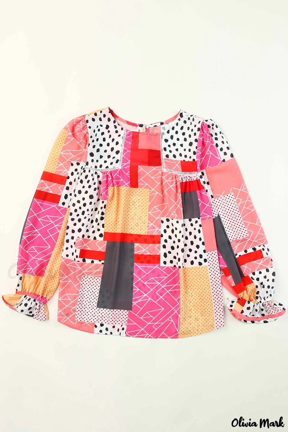 Deanwangkt - Multicolor Polka Dot Geometric Patchwork Long Sleeve Blouse - Deanwangkt