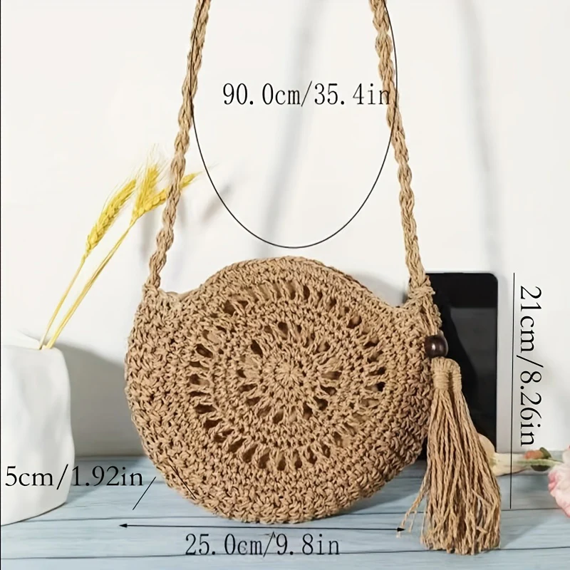 Bohemian Woven Round Shoulder Bag, Minimalist Crossbody Bag, All-Match Summer Beach Bag - Deanwangkt