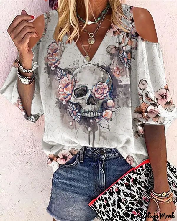 Deanwangkt - Halloween Skull Floral Print Off Shoulder Top - Deanwangkt