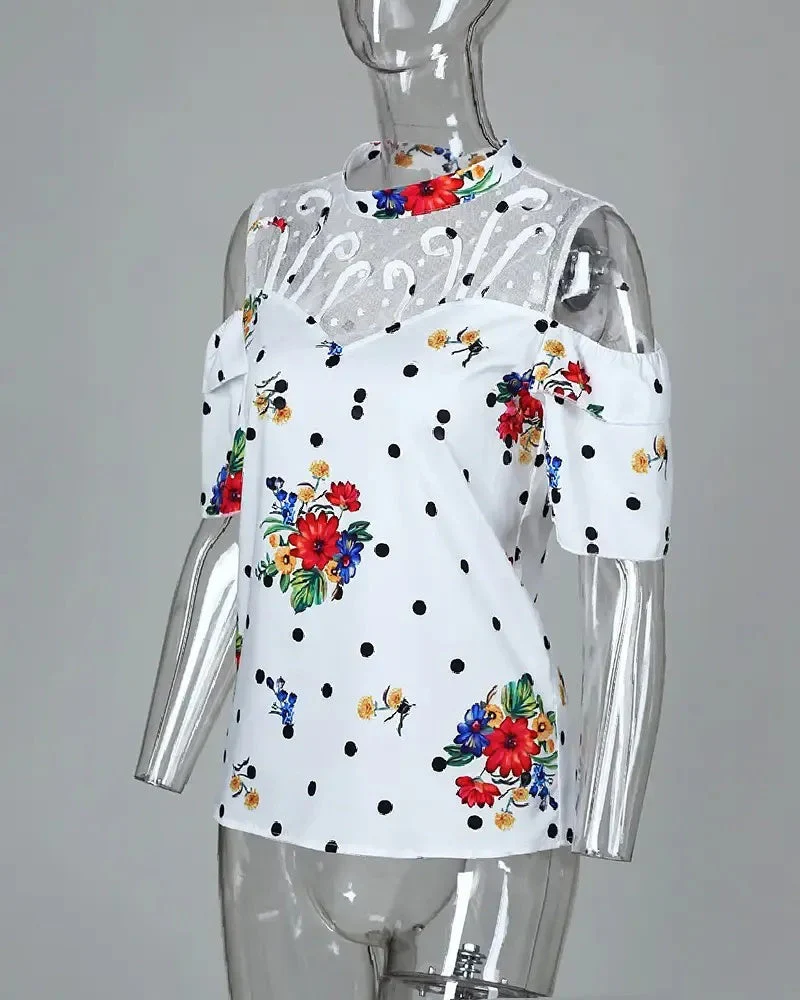 Deanwangkt - Off-the-Shoulder Mesh Panel Printed Blouse - Deanwangkt