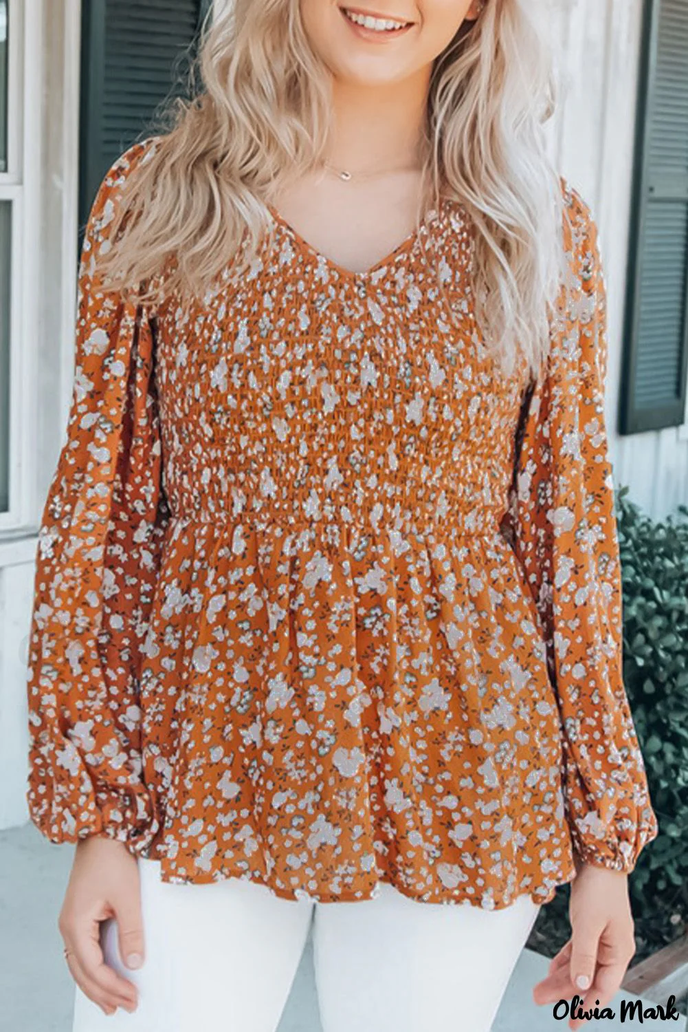 Deanwangkt - Orange Floral Print Ruched Long Sleeve V-Neck Blouse - Deanwangkt