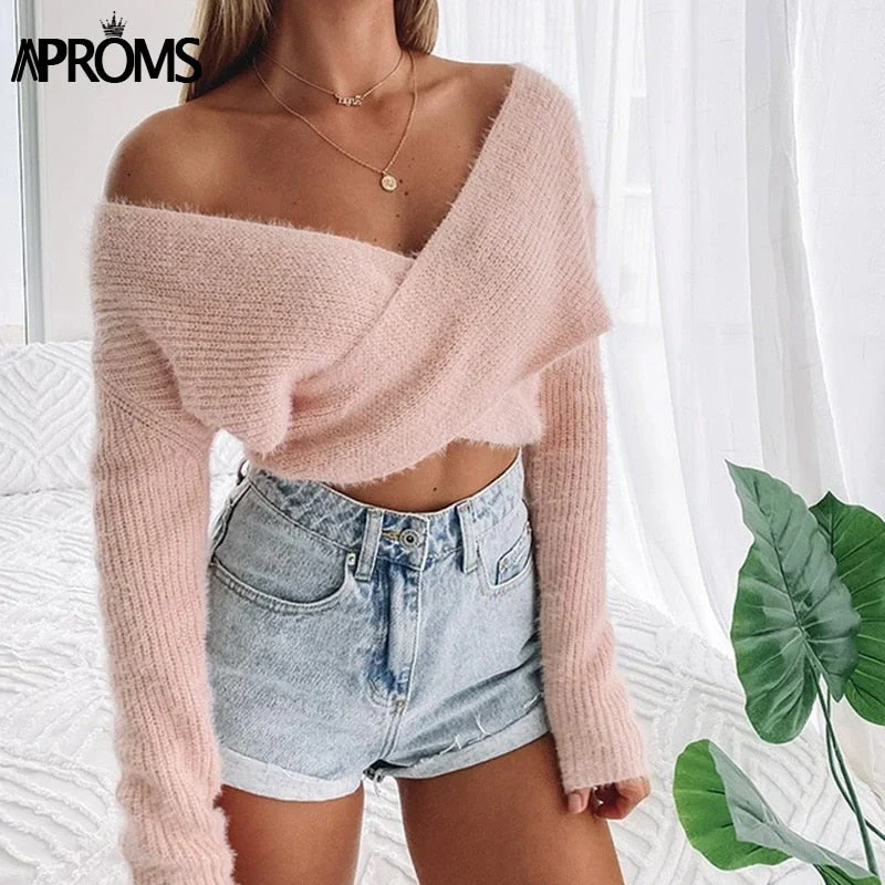 Christmas Gift Aproms Pink Fluffy Knitted Sweater Women Autumn Winter V-neck Wrap Front Basic Cropped Pullovers Fashion Outerwear Jumper Deanwangkt - Deanwangkt