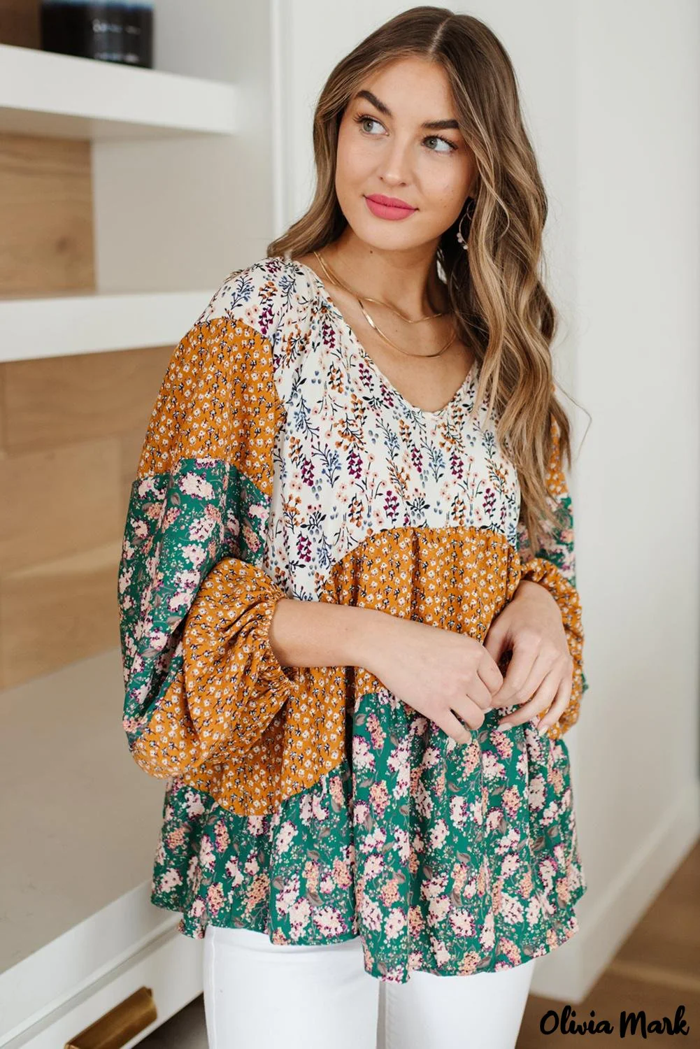 Deanwangkt - Green Color Block Floral Print Loose Blouse - Deanwangkt