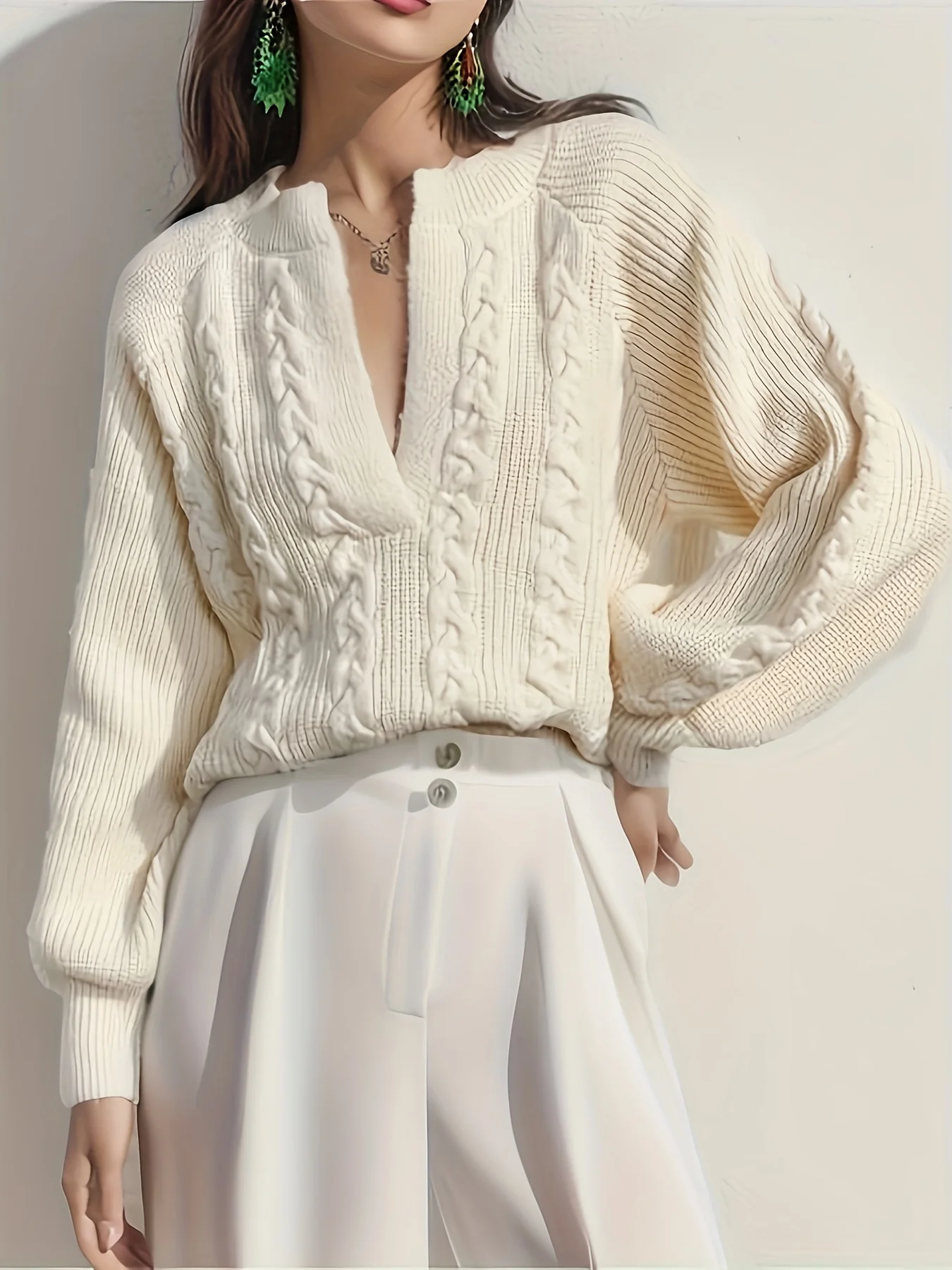 deanwangkt-1  Solid Notched Neck Cable Knit Sweater, Casual Long Sleeve Raglan Shoulder Sweater, Women's Clothing - Deanwangkt