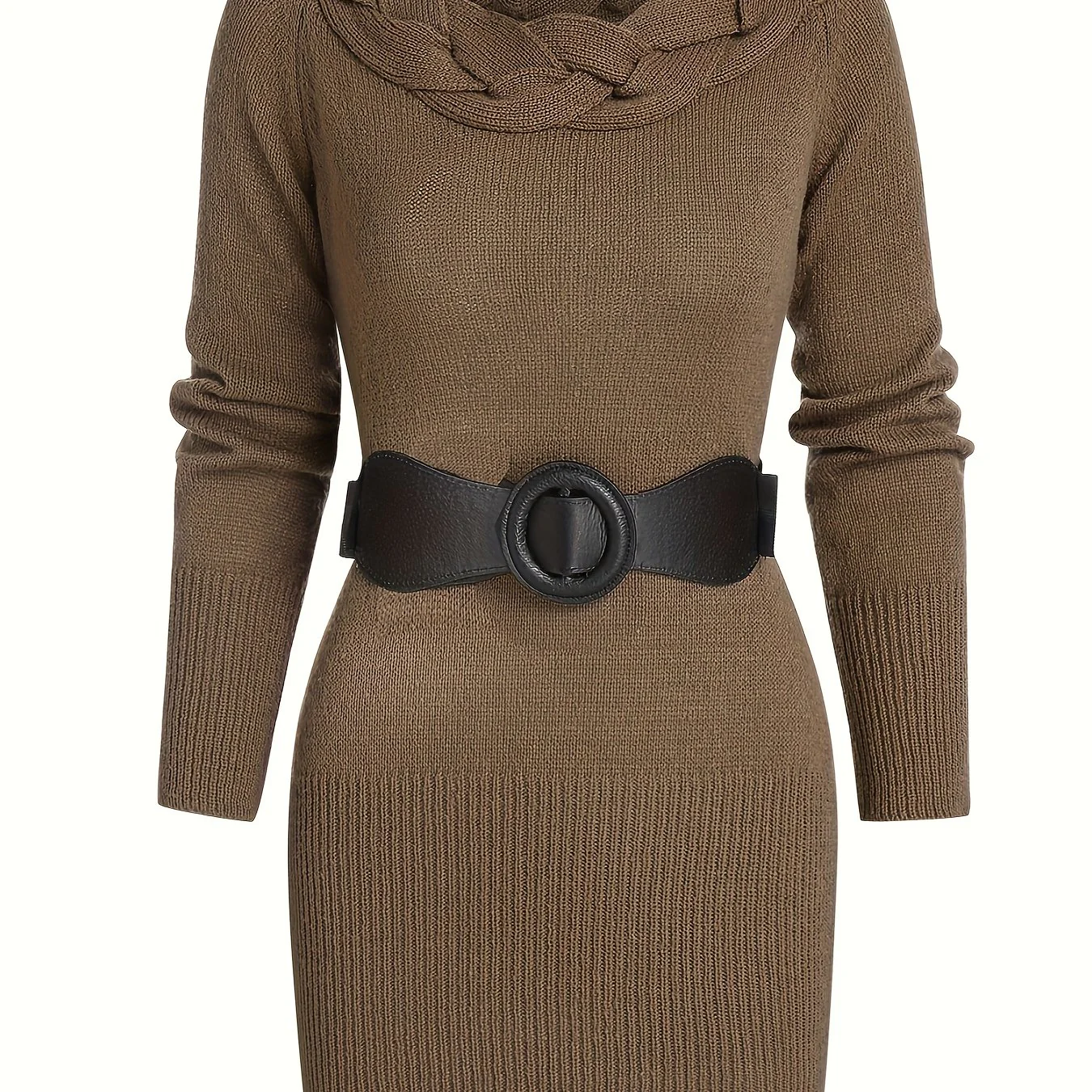 deanwangkt-1  Solid Cable Knit Belted Dress, Elegant Long Sleeve Dress For Fall & Winter, Women's Clothing - Deanwangkt