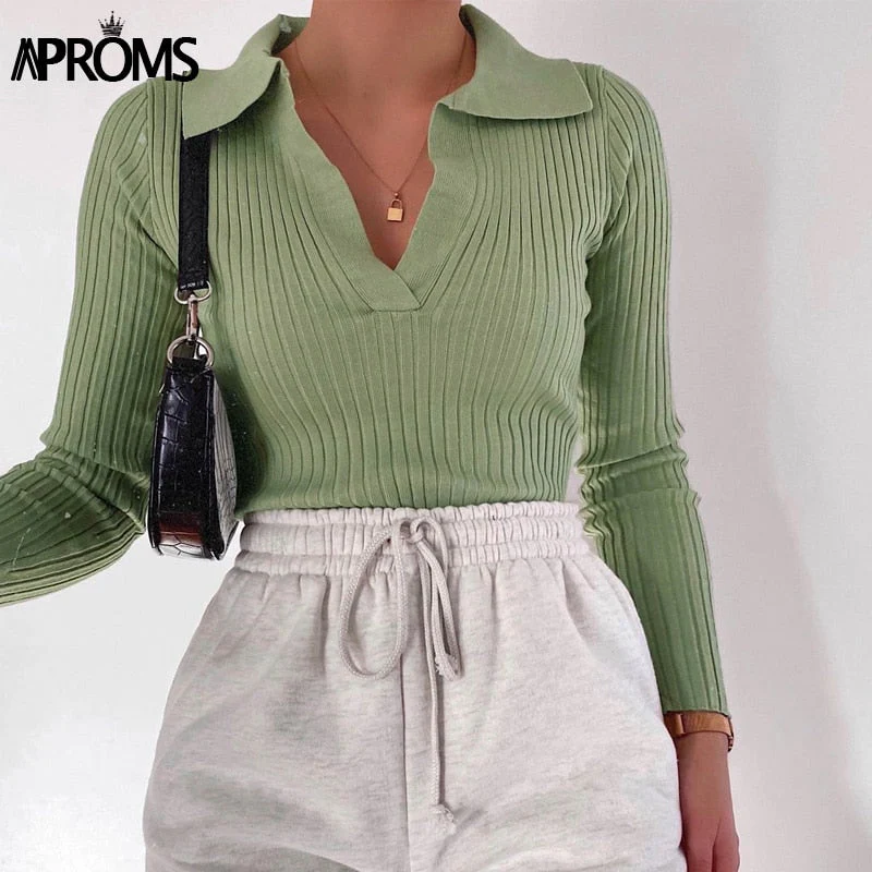 Christmas Gift Aproms Vintage Candy Color V-neck Ribbed Knitted Sweaters Women Long Sleeve Soft Bodycon Pullovers Deanwangkt Spring Stretch Jumpers - Deanwangkt