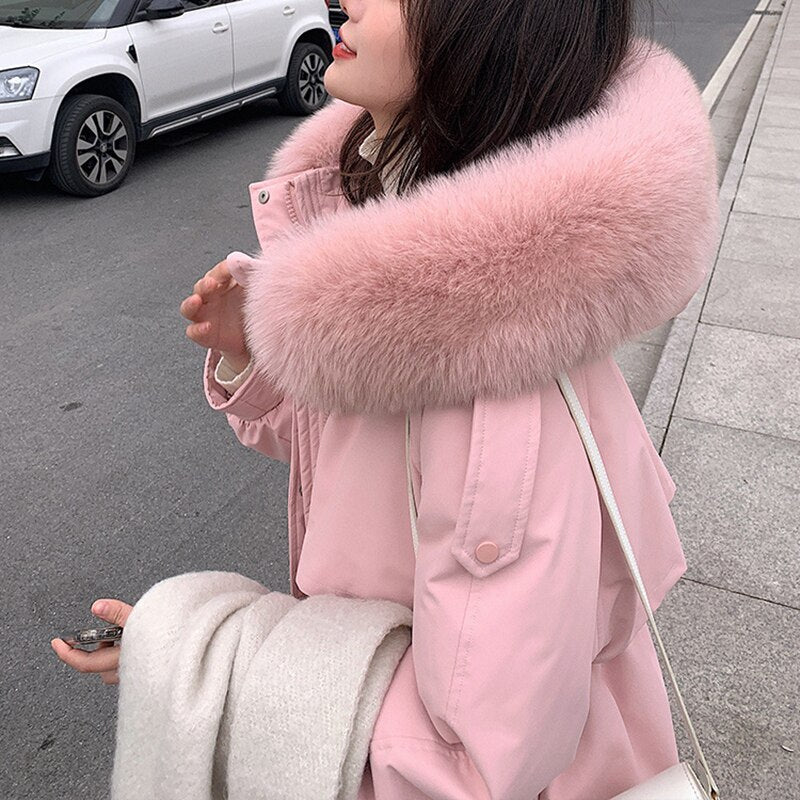 Black Friday Sales Deanwangkt New Fashion Down Jacket Women Medium Length Thickened Fox Hair Collar Slim Knee Hooded Warm Outdoor Coat - Deanwangkt