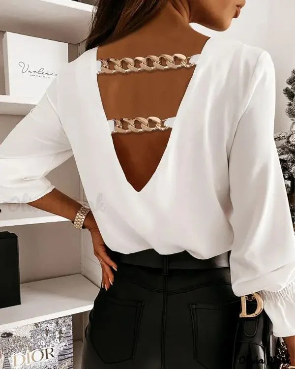 Deanwangkt - Long Sleeve V-Back Top with Chain Decor - Deanwangkt