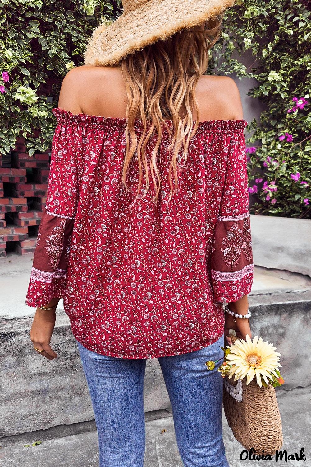 Deanwangkt - Red Boho Off Shoulder Floral Print Blouse - Deanwangkt