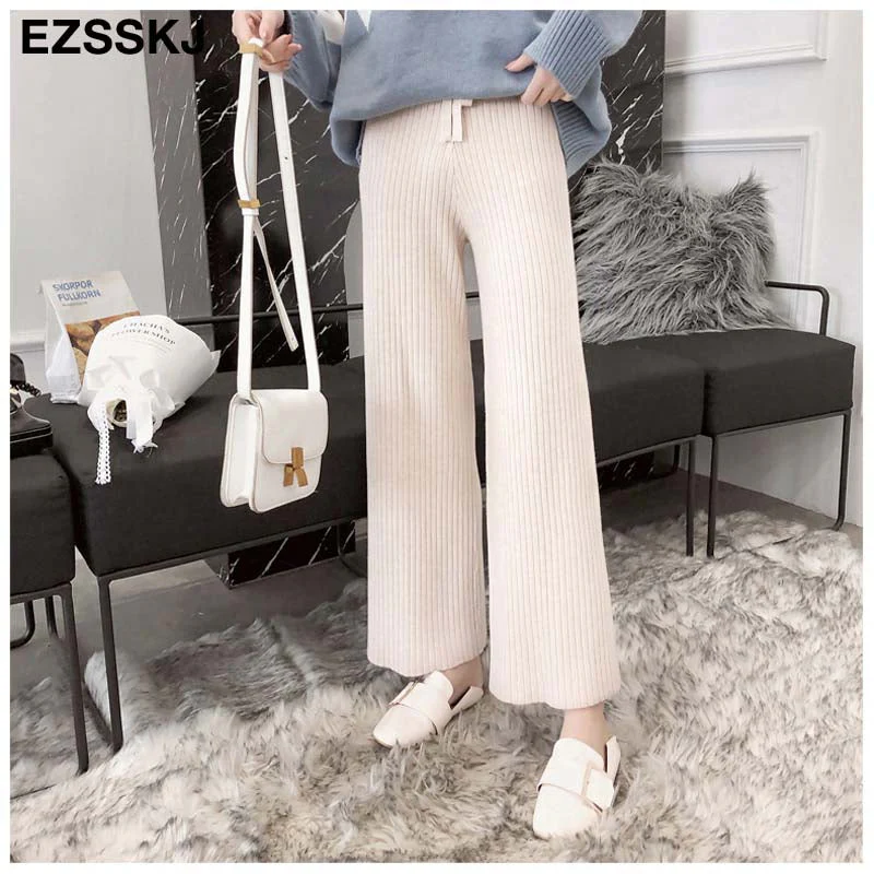 Christmas Gift Deanwangkt autumn winter new casual straight pants  women female drawstring loose high waist knitted wide leg pants casual Trousers - Deanwangkt