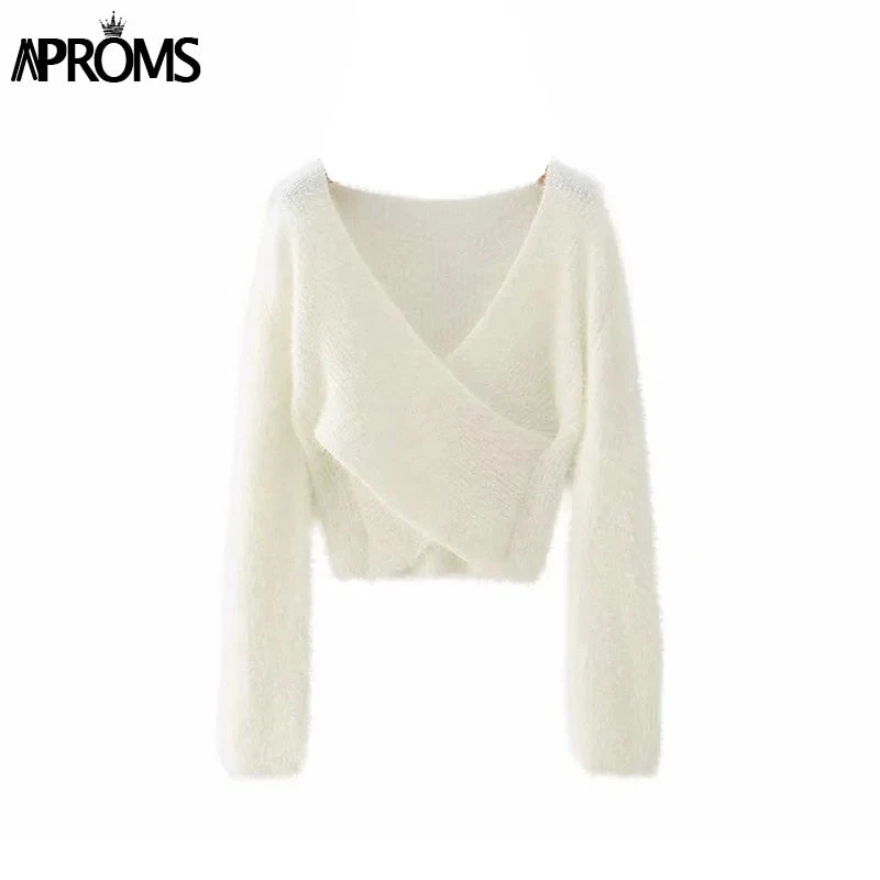 Christmas Gift Aproms Pink Fluffy Knitted Sweater Women Autumn Winter V-neck Wrap Front Basic Cropped Pullovers Fashion Outerwear Jumper Deanwangkt - Deanwangkt