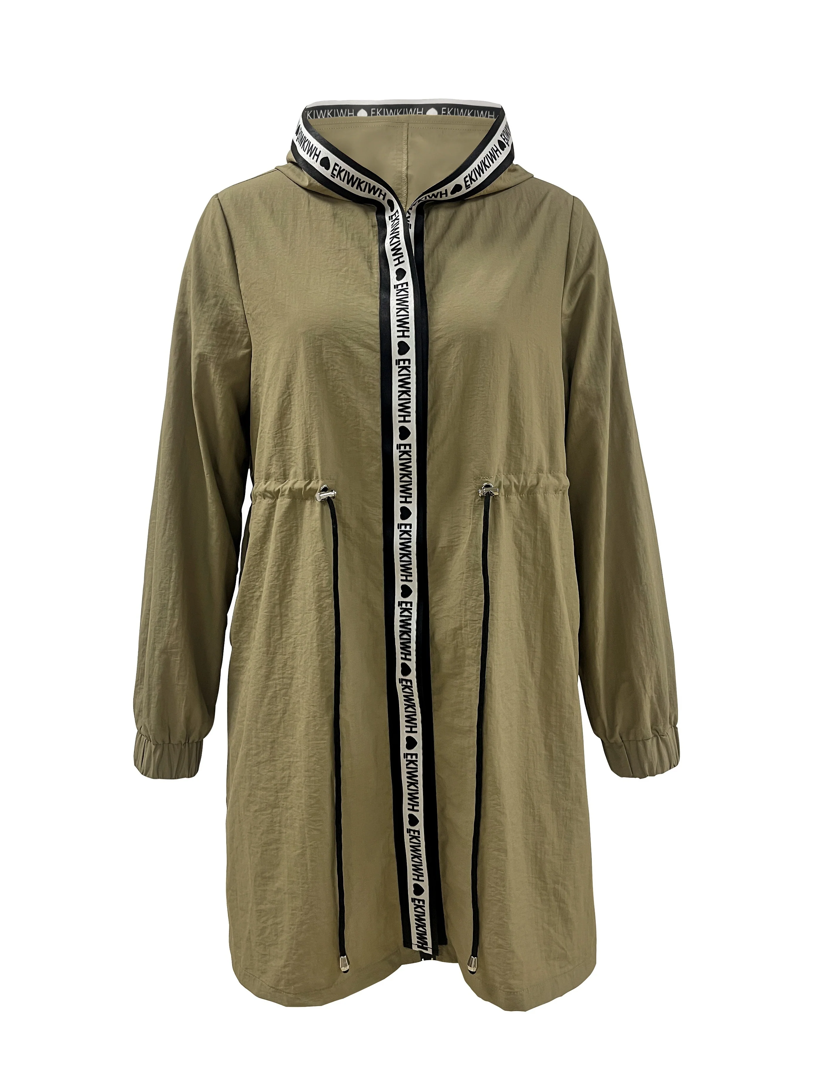 Letter Tape Contrast Trim Hoodie Jacket, Casual Drawstring Long Sleeve Coat For Fall & Winter, Women's Clothing - Deanwangkt