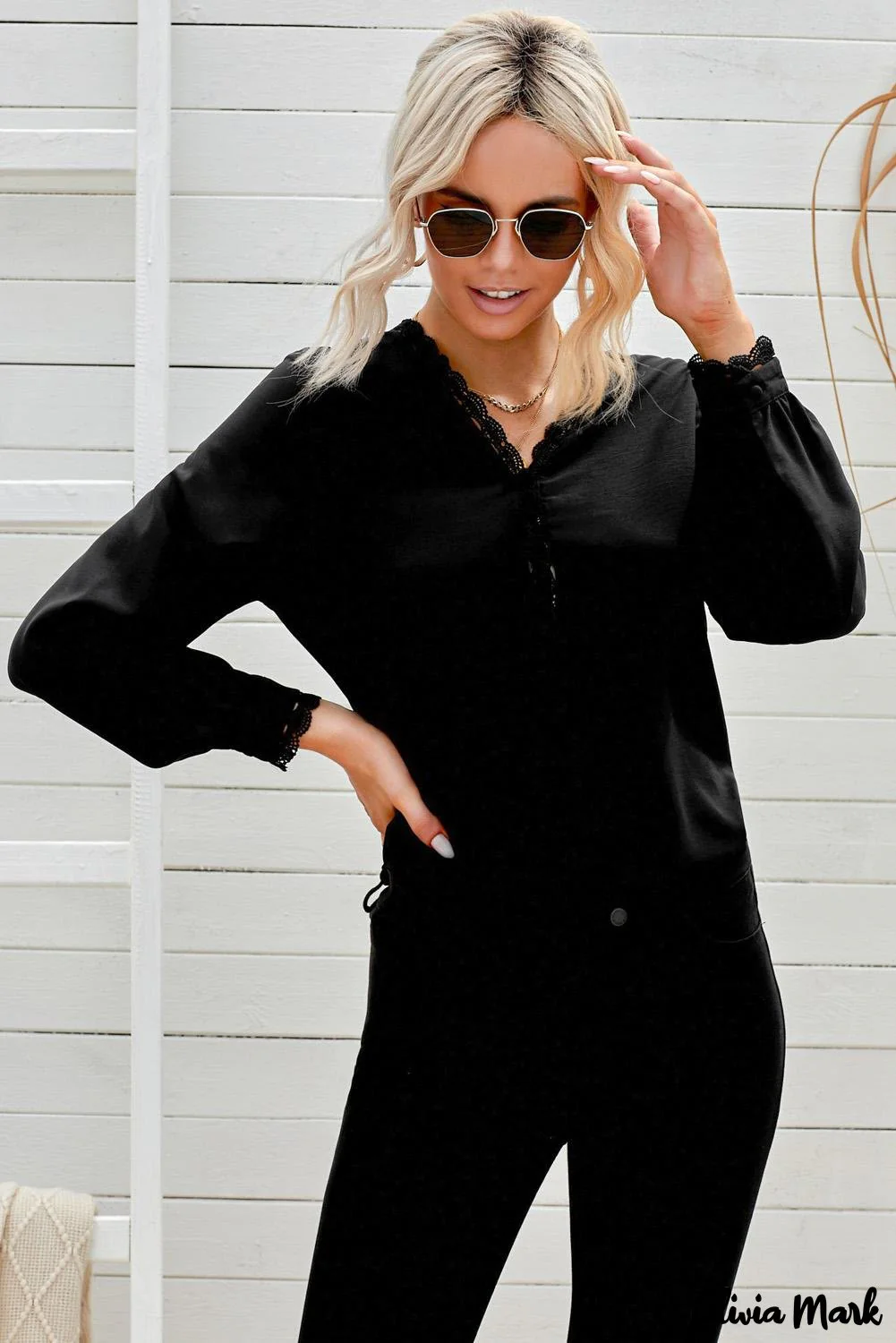 Deanwangkt - Black Crochet Lace Button Down Long Sleeve Shirt - Deanwangkt