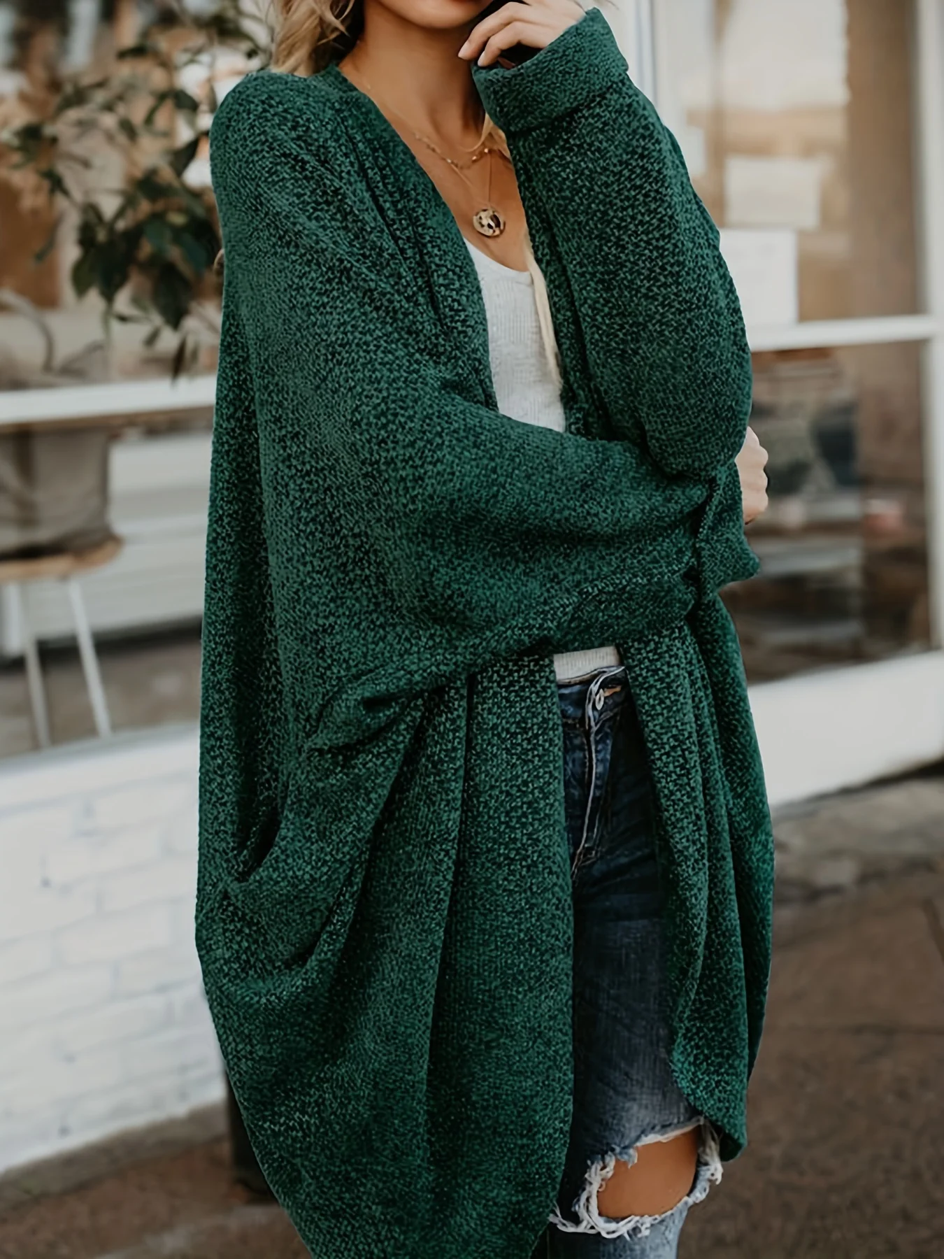 deanwangkt-1  Solid Open Front Knit Cardigan, Casual Batwing Sleeve Mid Length Sweater, Women's Clothing - Deanwangkt