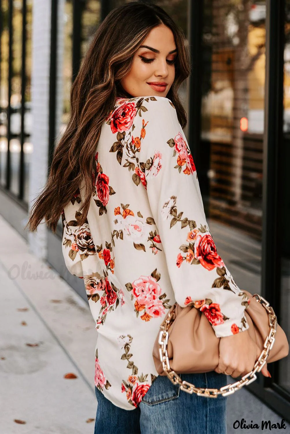 Deanwangkt - Beige Floral Print V-Neck Button Down Blouse - Deanwangkt