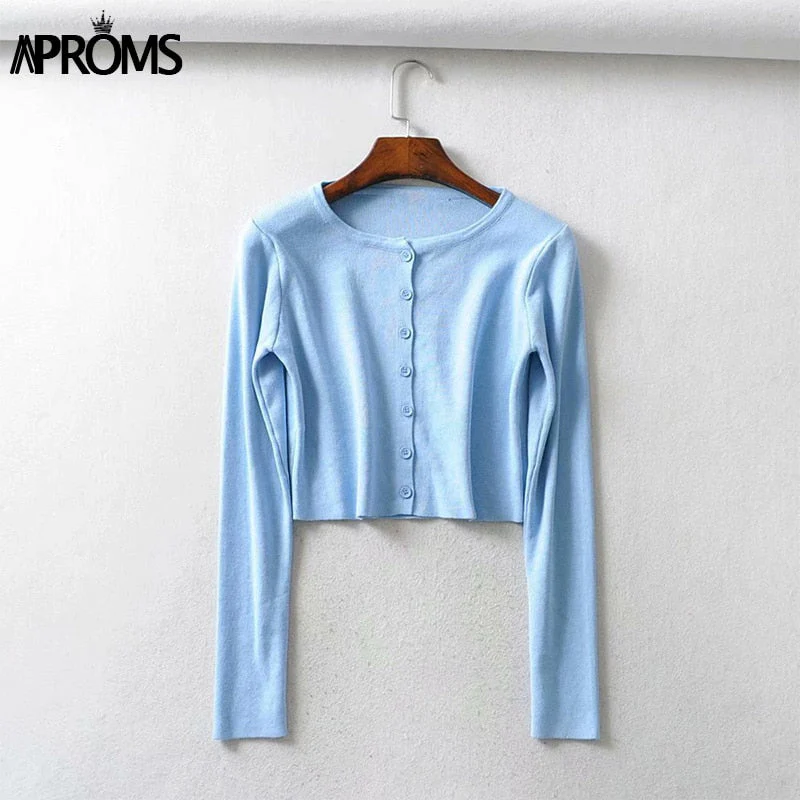 Christmas Gift Aproms Candy Color Ribbed Knitted Cardigan Women Autumn Winter Long Sleeve Basic Cropped Sweaters Female Casual Short Jumper Top - Deanwangkt