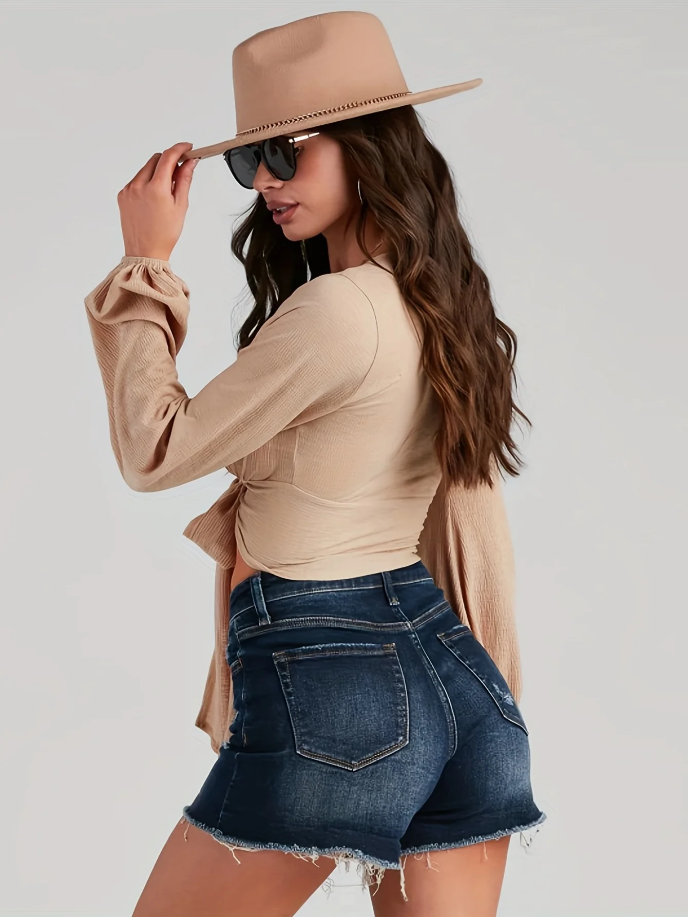 Solid Tie Front Crop Blouse, Vacation Style Lantern Sleeve Blouse For Spring & Fall, Women's Clothing - Deanwangkt