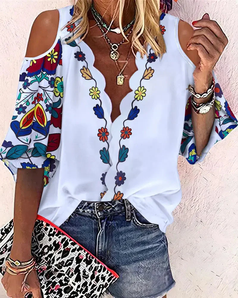 Deanwangkt - Tribal Floral Scallop Trim Off Shoulder Top - Deanwangkt