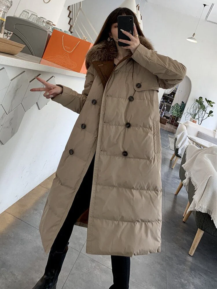 Black Friday Sales New Winter Women Natural Fox Fur Collar 90% White Duck Down Parka Casual Female Double Breasted Long Down Coat Outwear - Deanwangkt
