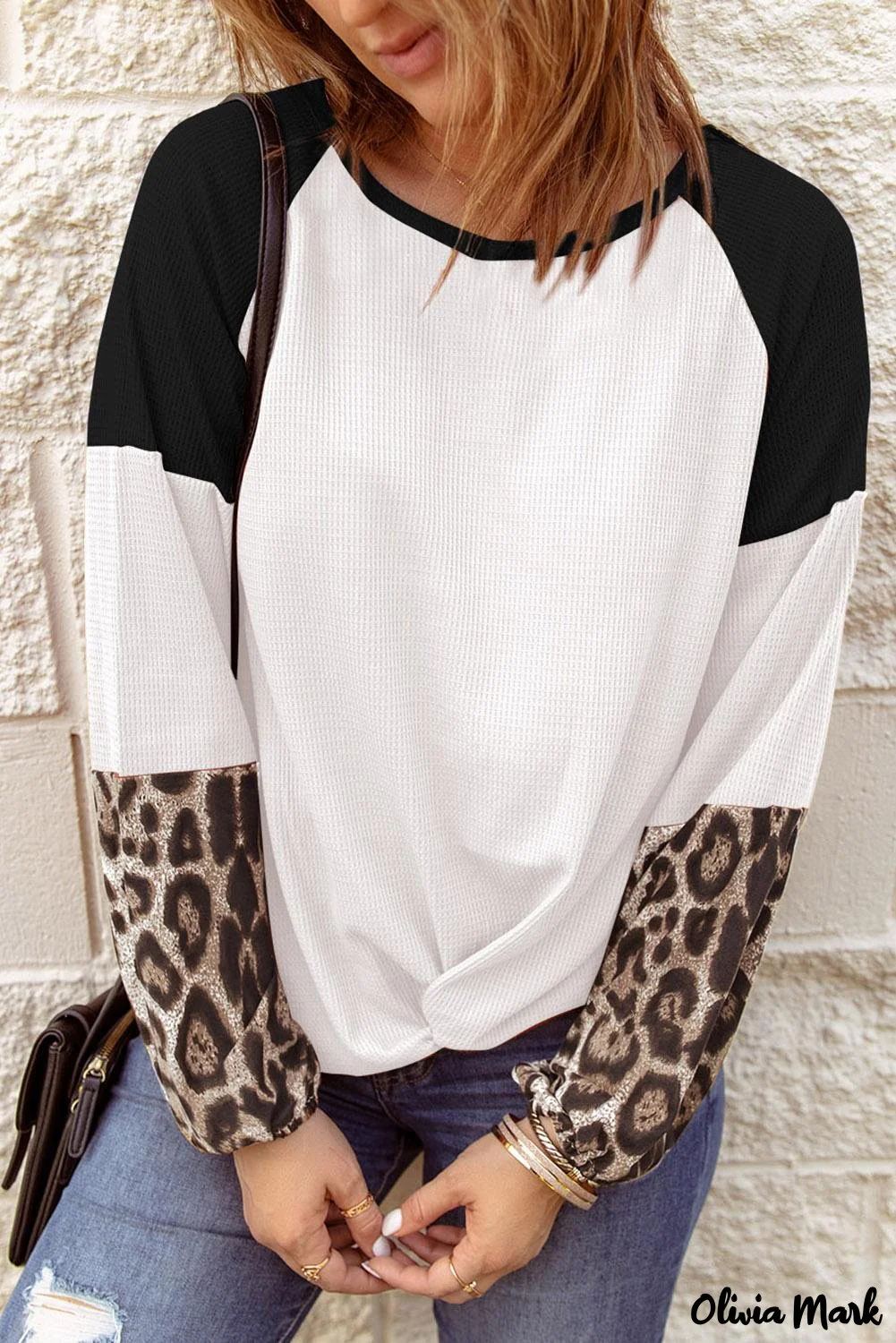 Deanwangkt - Black Waffle Knit Leopard Long Sleeve Twist Knot Blouse - Deanwangkt