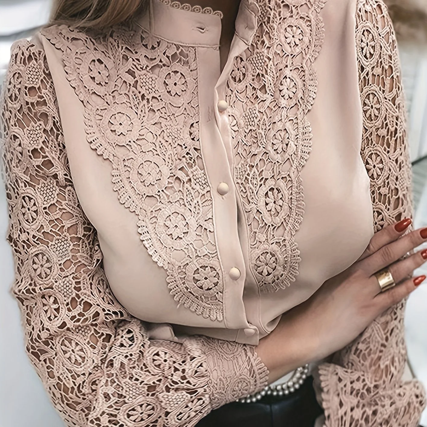 Women's Blouse Lace Crochet Lapel Button Flare Sleeve Elegant Top Blouse - Deanwangkt