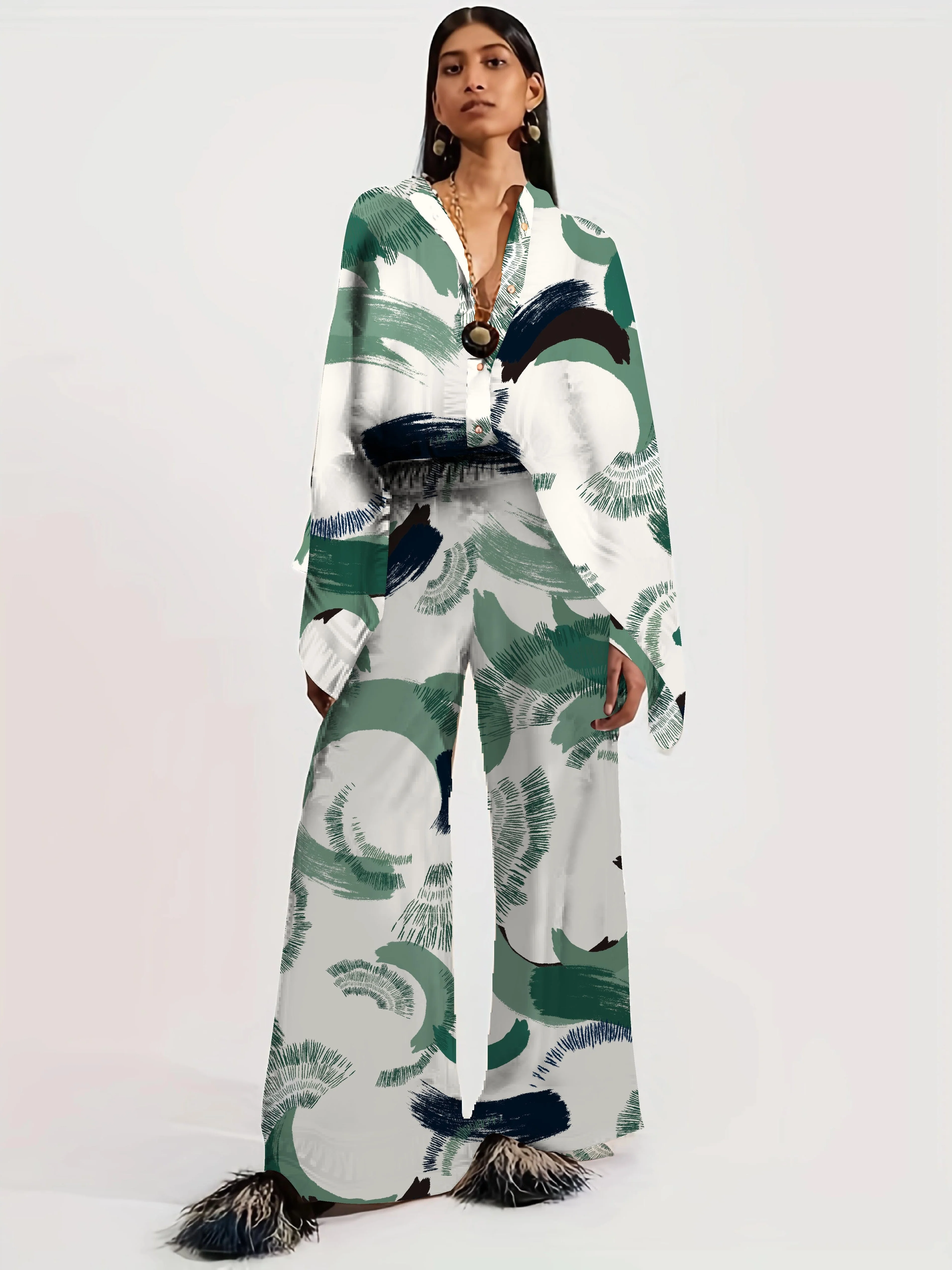 deanwangkt-1 Vacation Ethnic Print Two-piece Set, Long Sleeve Button Front Blouse & High Waist Wide Leg Pants Outfits, Women's Clothing - Deanwangkt
