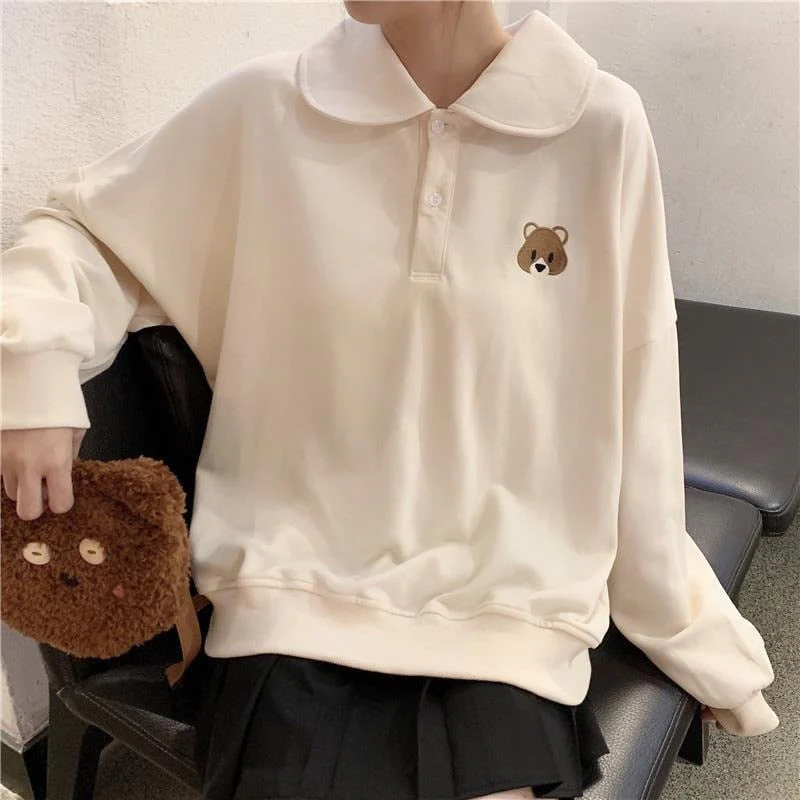 Christmas Gift Autumn Kawaii Bear Embroidery Polo Sweatshirt Deanwangkt Japanese Sweet Preppy Style Hoodie Women Tops Cute Clothes Alt Kpop - Deanwangkt
