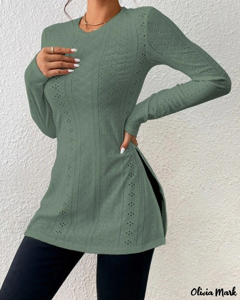 Deanwangkt - Womens Long Sleeve Eyelet Embroidery Slit Blouse - Deanwangkt