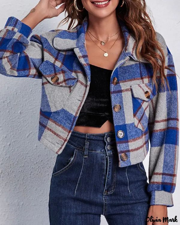 Deanwangkt - Long-sleeved cropped jacket in plaid print with pocket - Deanwangkt