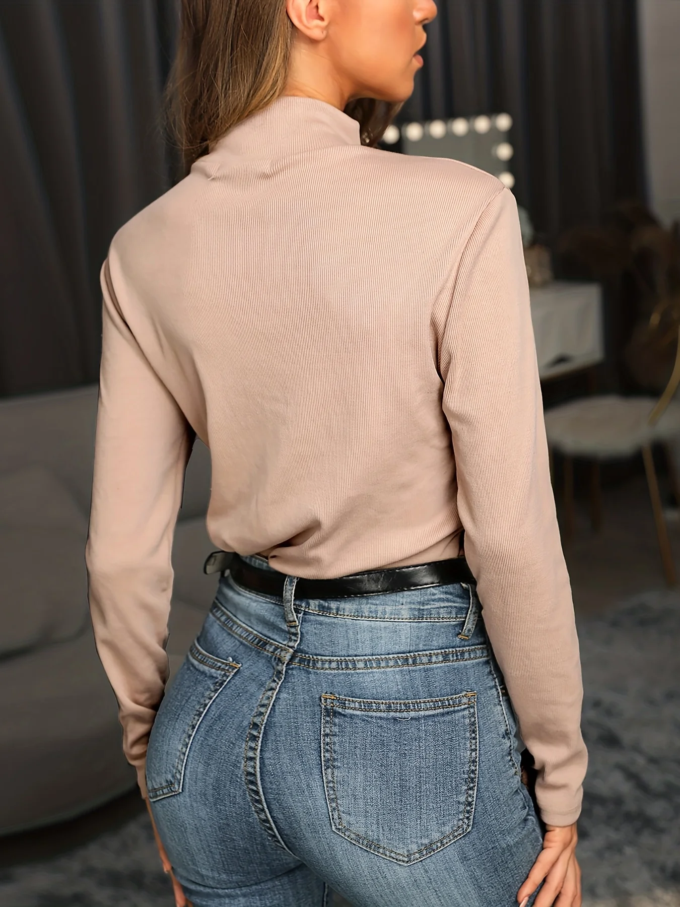 deanwangkt-1  Solid Turtle Neck Knitted Top, Casual Long Sleeve Button Versatile Sweater, Women's Clothing - Deanwangkt